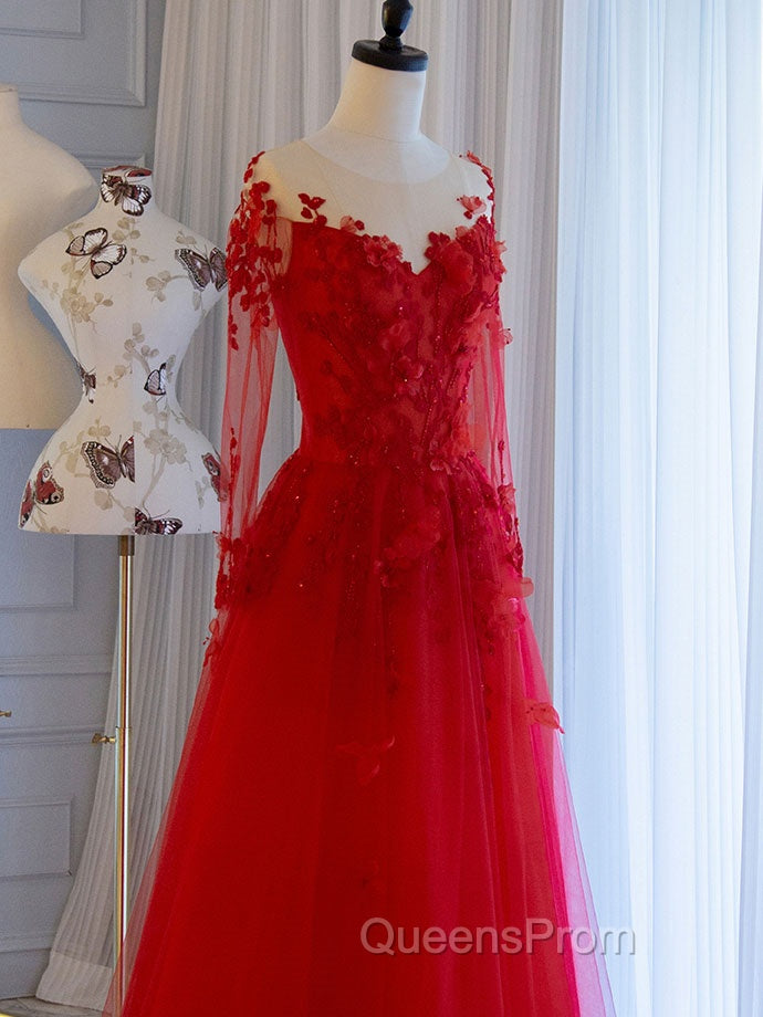 Red round neck tulle lace long Evening Prom Dress, red evening Dress Secondary image