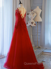 Red round neck tulle lace long Evening Prom Dress, red evening Dress