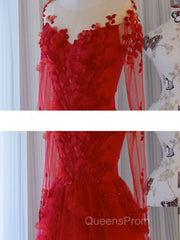 Red round neck tulle lace long Evening Prom Dress, red evening Dress