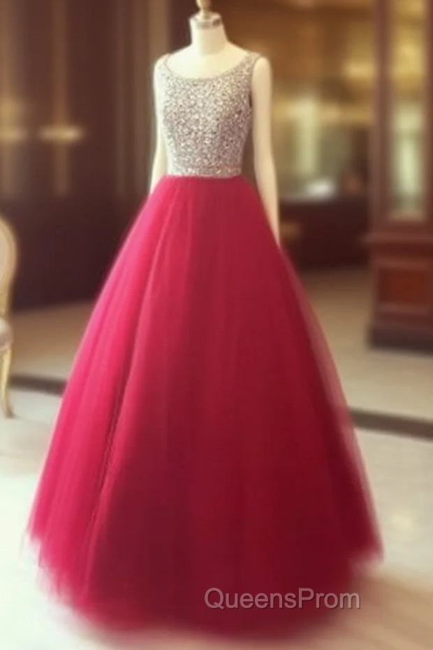 Red Round Neck Tulle Rhinestones Long Evening Prom Dress, Red Evening Dress Main image