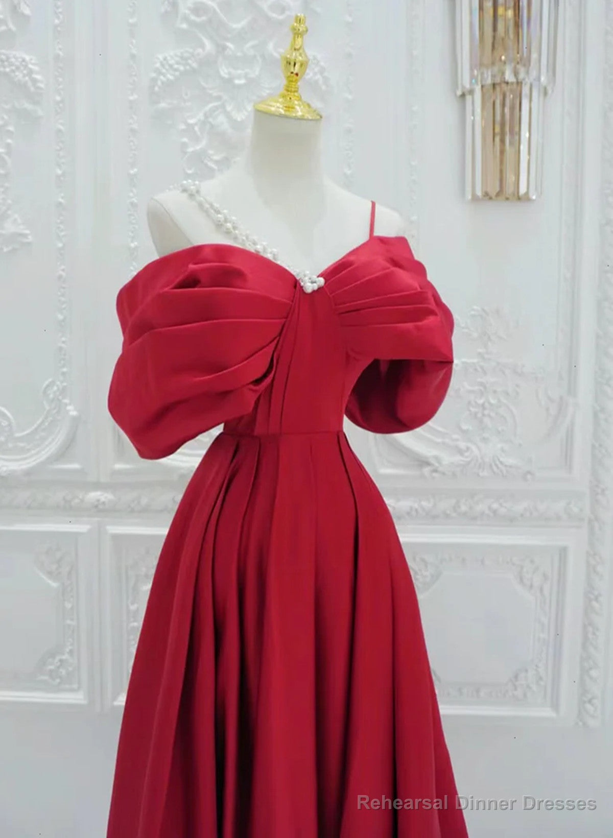 Red Satin A-line Straps Long Evening Dress, Red Long Party Dress Secondary image