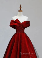 Red Satin And Black Tulle A-Line Off Shoulder Party Dress, Simple A-Line Evening Prom Dress