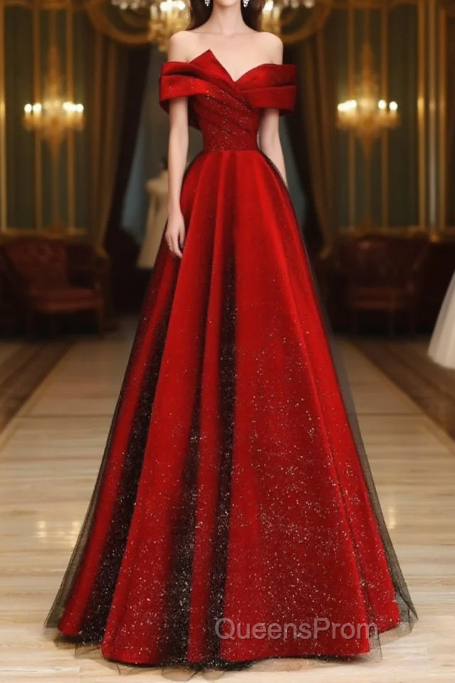 Red Satin And Black Tulle A-Line Off Shoulder Party Dress, Simple A-Line Evening Prom Dress Main image
