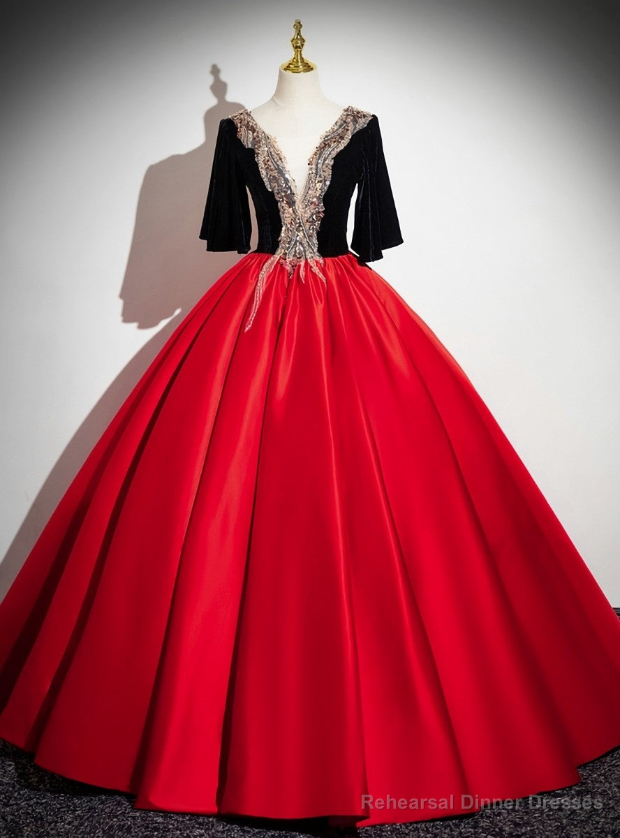 Red Satin Black Velvet Sequins Quinceanera Dress Main image