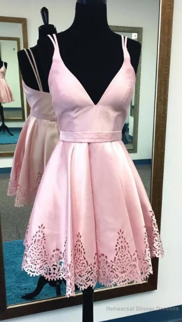 Red Satin Deep V-Neck A-Line Hollow Short Homecoming Dress,Graduation Dresses Main image