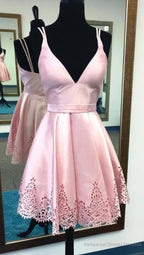 Red Satin Deep V-Neck A-Line Hollow Short Homecoming Dress,Graduation Dresses