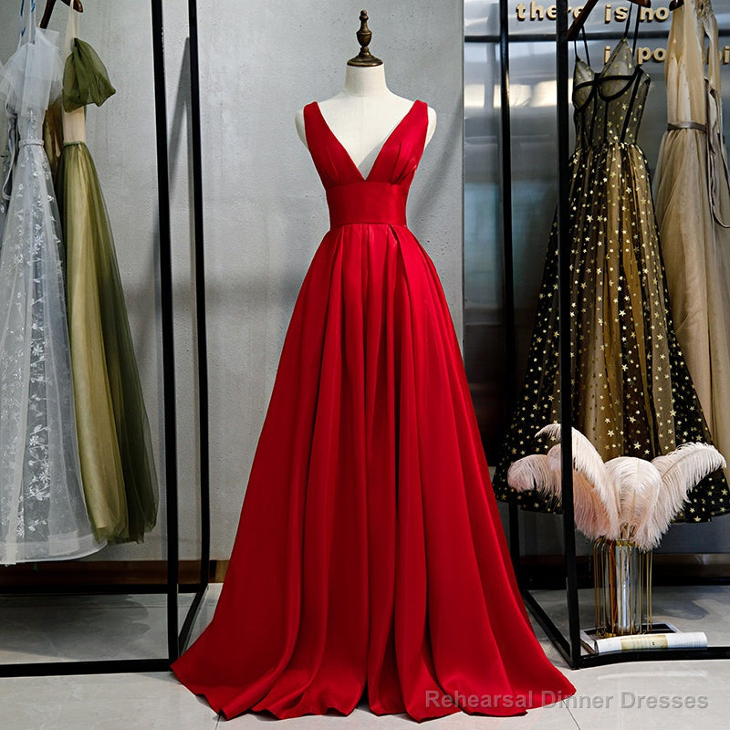 Red Satin Deep V-neckline Prom Gown, Red Floor Length Evening Gown Secondary image