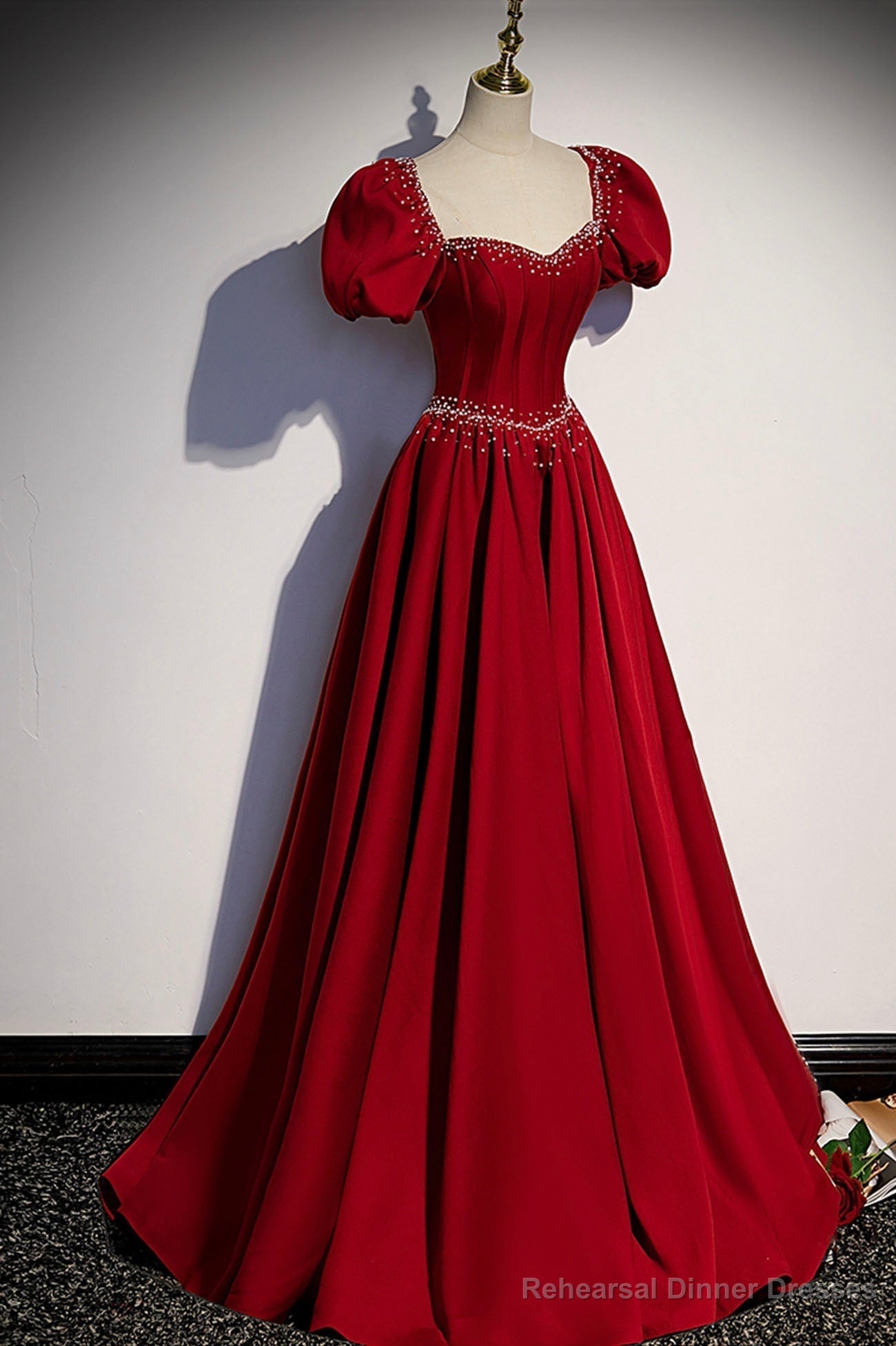 Red Satin Long Prom Dress, Cute Short Sleeve Evening Graduation Dress Main image