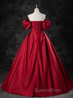 Red Satin Off Shoulder Long Simple A-Line Wedding Party Dress, Red Long Evening Dress