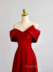 Red Satin Off Shoulder Sweetheart Long Party Dress, Red Satin Evening Prom Dress