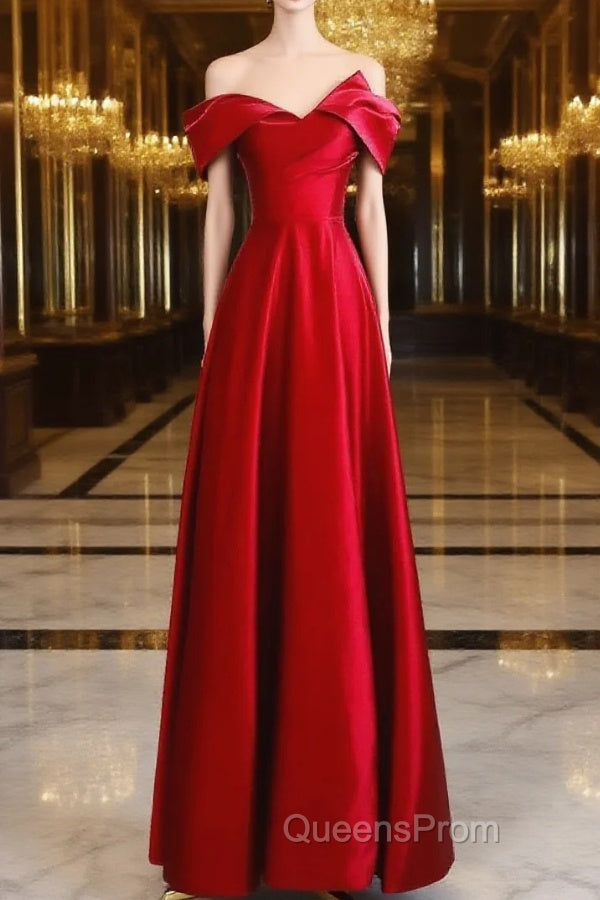 Red Satin Off Shoulder Sweetheart Long Party Dress, Red Satin Evening Prom Dress Main image