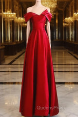 Red Satin Off Shoulder Sweetheart Long Party Dress, Red Satin Evening Prom Dress