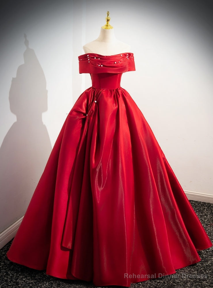 Red Satin Off the Shoulder Pleats Pearls Prom Dress Main image