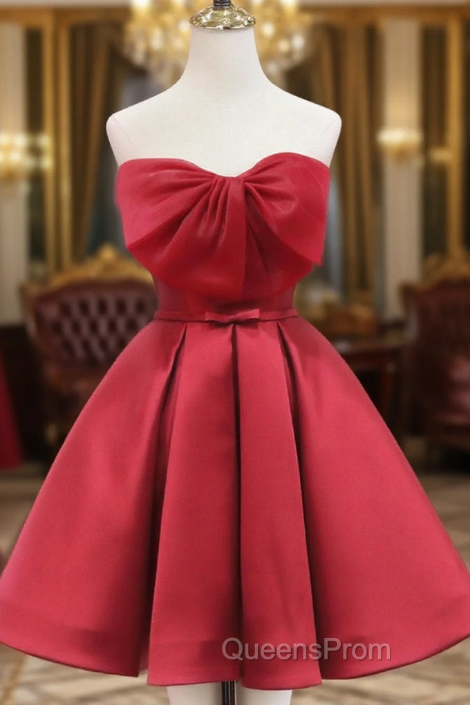 Red Satin Short Evening Prom Dress Party Dress, Lovely Red Knee Length Homecoming Dress Main image