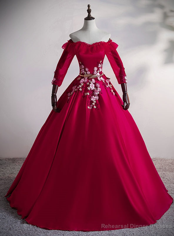 Red Satin Short Sleeve Appliques Quinceanera Dress Main image