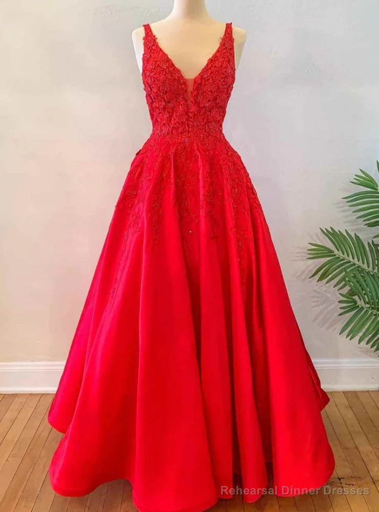 Red Satin V-neck Appliques Prom Dress Main image