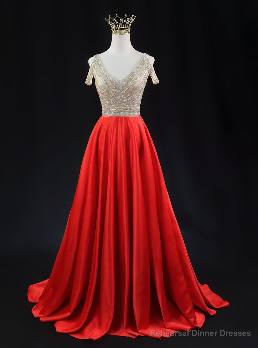 Red Satin V-neck Beading Prom Dress Main image