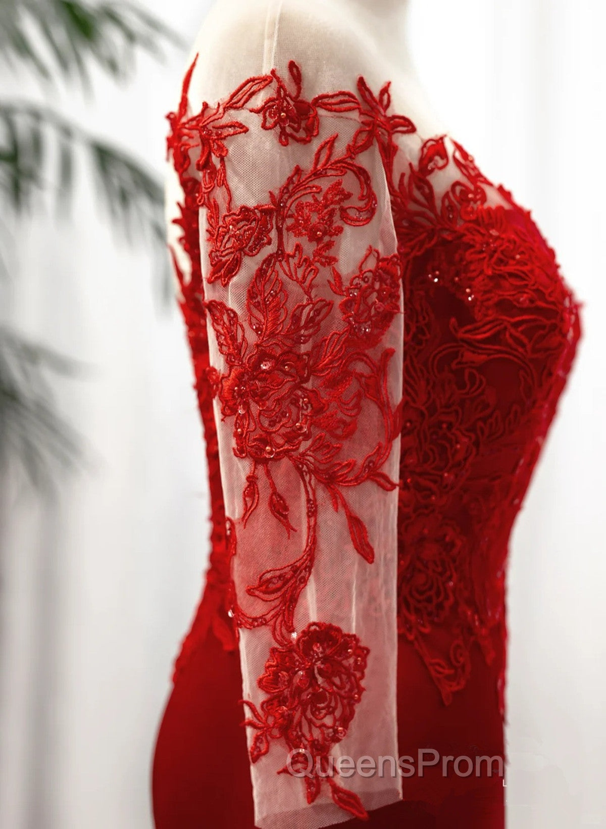 Red Satin With Lace Round Neckline Party Dress, Red Satin Evening Dress Secondary image