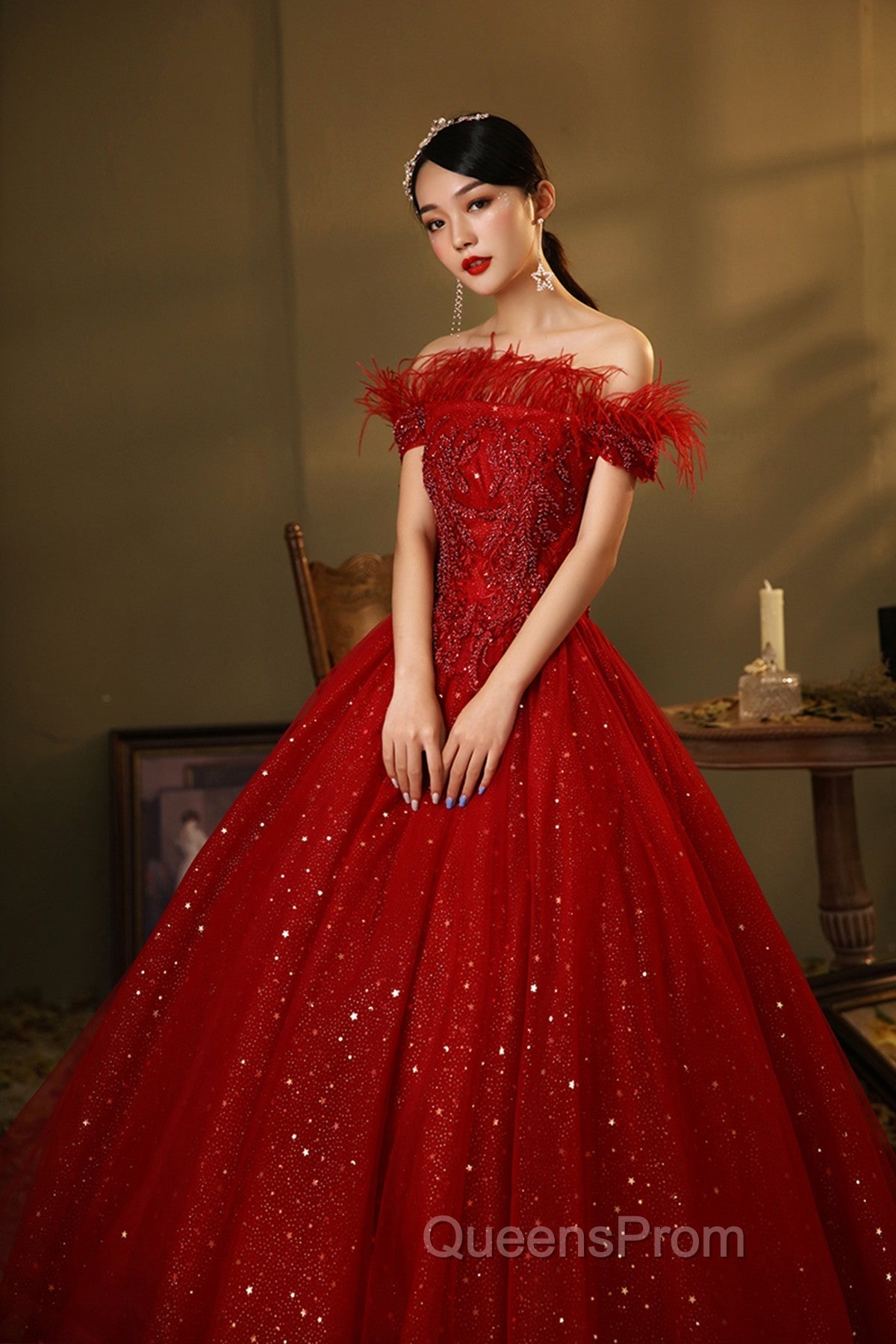 Red Scoop Ball Gown Shiny Tulle Off Shoulder Party Dress, Red Sweet 16 Dress Formal Dress Secondary image