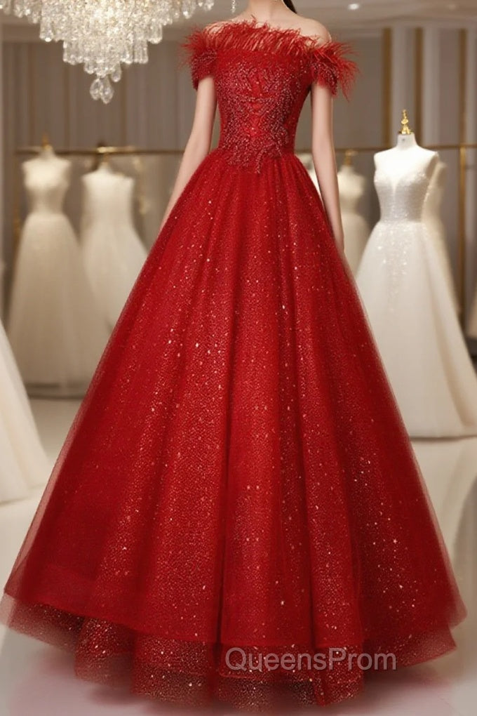 Red Scoop Ball Gown Shiny Tulle Off Shoulder Party Dress, Red Sweet 16 Dress Formal Dress Main image