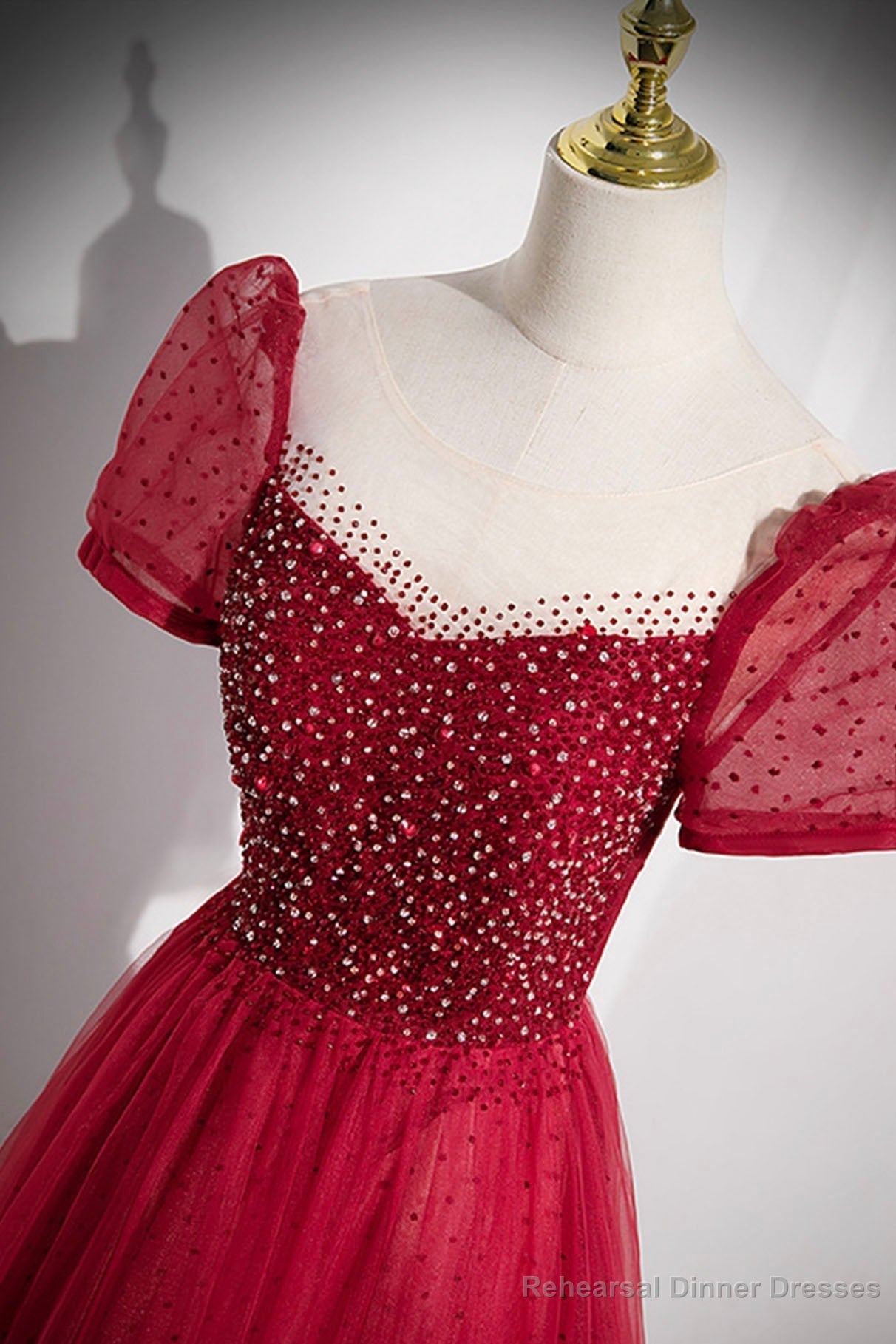 Red Scoop Neckline Tulle Formal Dress with Beaded, A-Line Short Sleeve Party Dress Secondary image