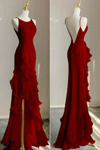 Red Scoop Sleeveless Ruffles Tiered Classy Prom Dress with Slit