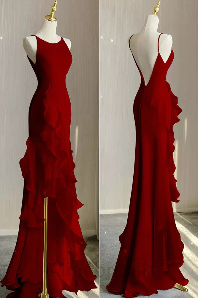 Red Scoop Sleeveless Ruffles Tiered Classy Prom Dress with Slit
