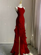 Red Scoop Sleeveless Ruffles Tiered Classy Prom Dress with Slit