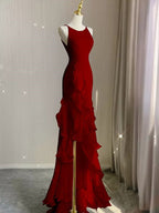 Red Scoop Sleeveless Ruffles Tiered Classy Prom Dress with Slit