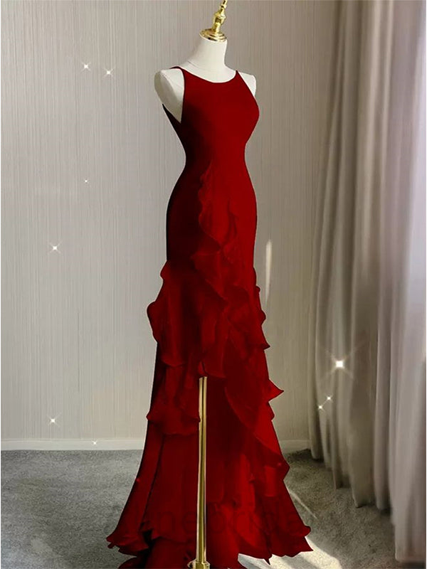 Red Scoop Sleeveless Ruffles Tiered Classy Prom Dress with Slit Secondary image