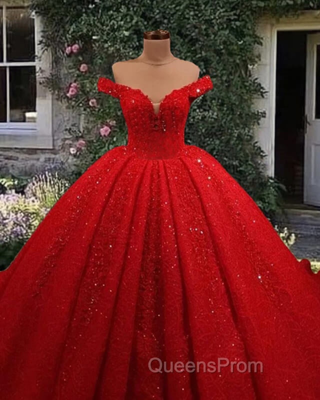 Red Sequin Lace Off Shoulder Ball Gown Secondary image