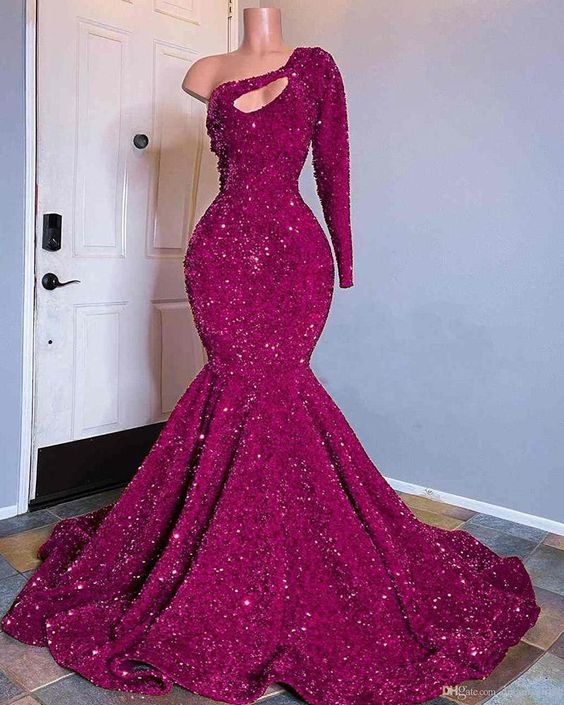 Red Sequined Mermaid Classy Prom Dress One Shoulder Long Sleeve Sequined Keyhole Classy Prom Gowns Secondary image