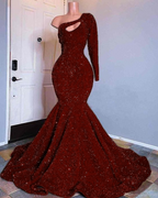 Red Sequined Mermaid Classy Prom Dress One Shoulder Long Sleeve Sequined Keyhole Classy Prom Gowns