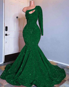 Red Sequined Mermaid Classy Prom Dress One Shoulder Long Sleeve Sequined Keyhole Classy Prom Gowns