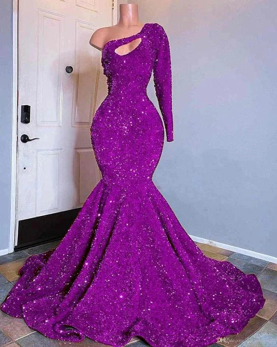 Red Sequined Mermaid Classy Prom Dress One Shoulder Long Sleeve Sequined Keyhole Classy Prom Gowns