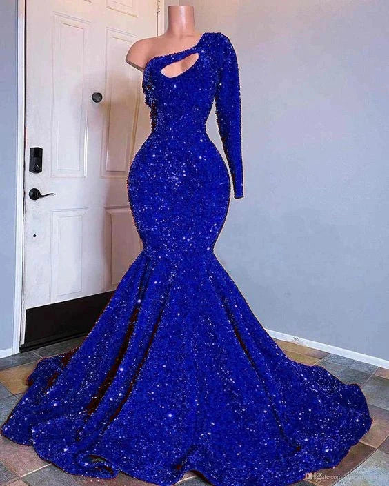 Red Sequined Mermaid Classy Prom Dress One Shoulder Long Sleeve Sequined Keyhole Classy Prom Gowns