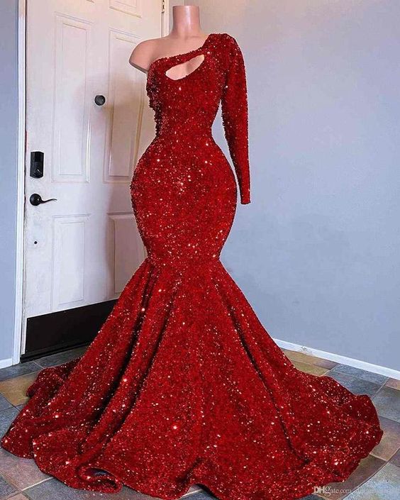 Red Sequined Mermaid Classy Prom Dress One Shoulder Long Sleeve Sequined Keyhole Classy Prom Gowns Main image