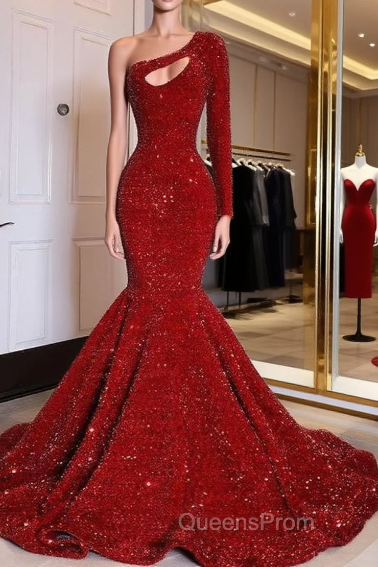 Red Sequined Black Girls Mermaid Evening Prom Dress Plus Size One Shoulder Long Sleeve Sequined Keyhole Evening Prom Gowns Main image