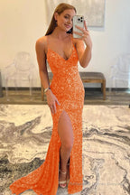 Red Sequins Glitter Prom Dress with Slit