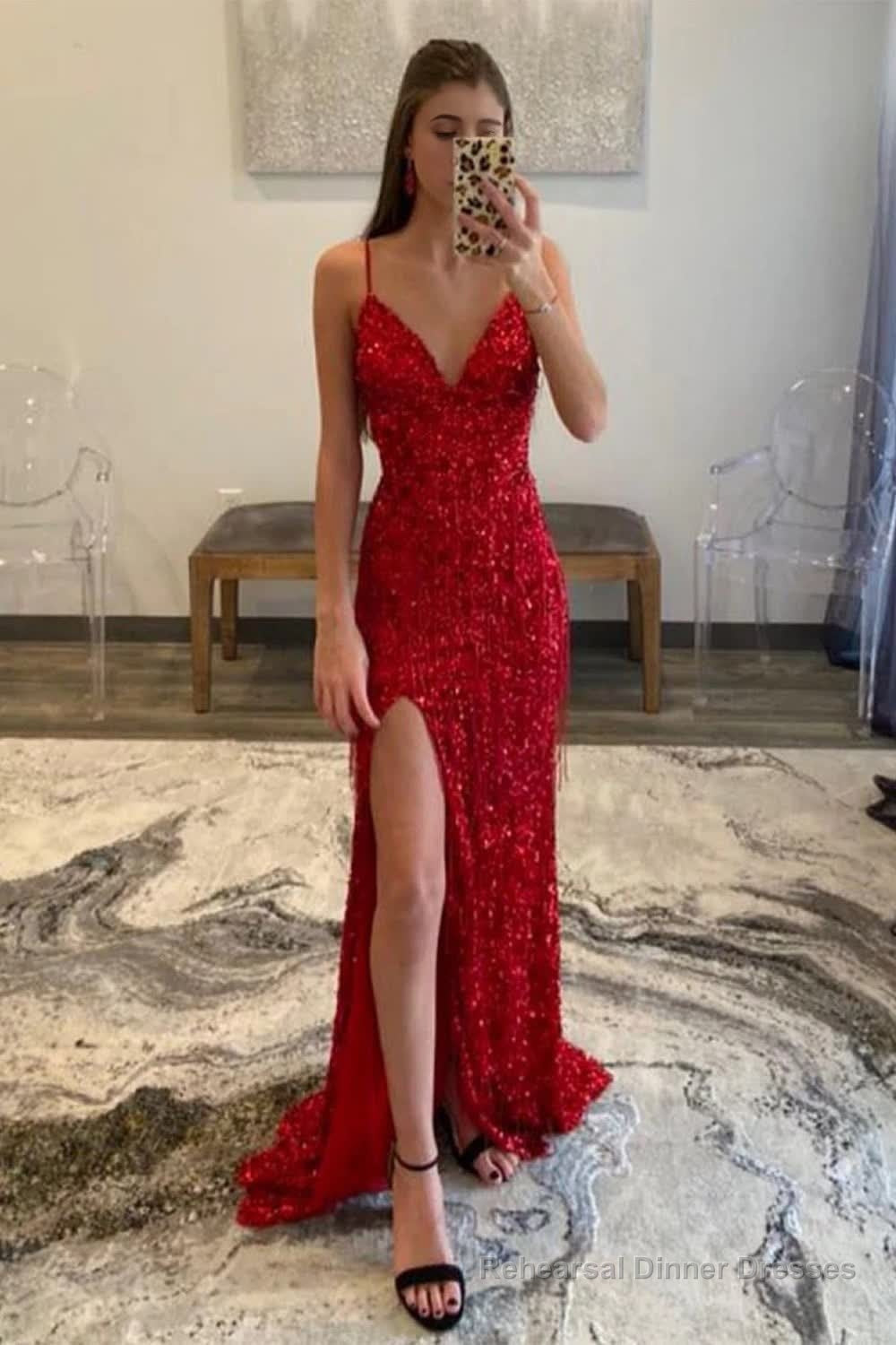 Red Sequins Glitter Prom Dress with Slit Main image