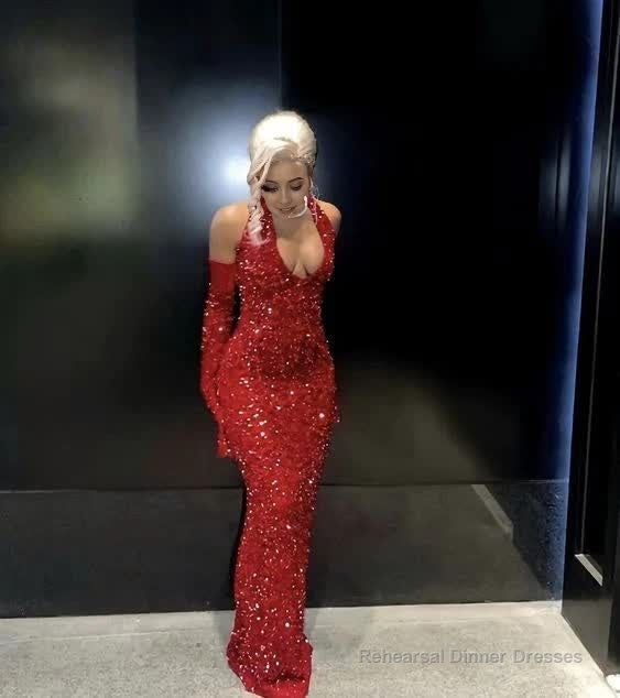 Red Sequins Long Prom Dress Sheath Deep V Neck Evening Dress Main image