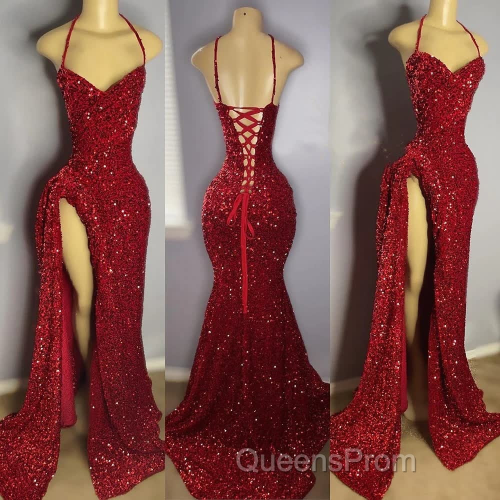 Red Sequins Evening Prom Dress High Slit Halter Sleeveless Sparkly Long Party Evening Dress for Black Girls Secondary image