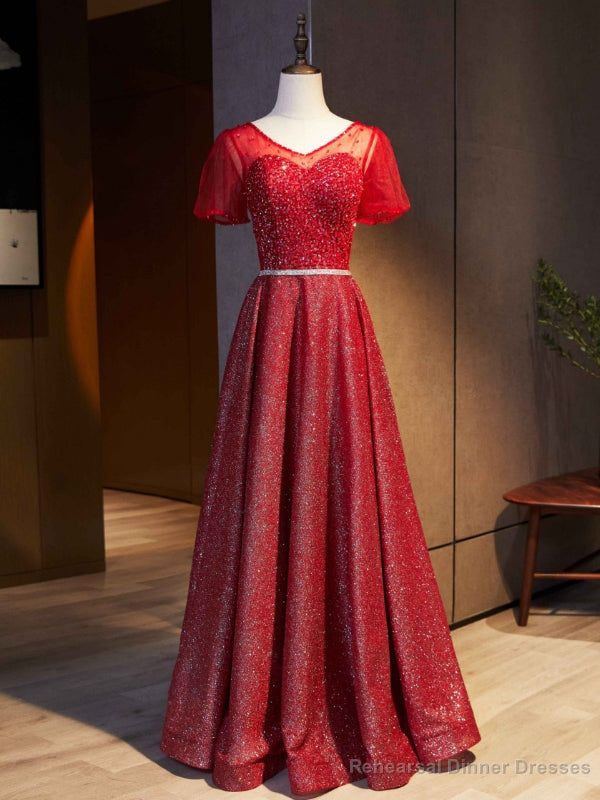 Red Sequins V-neck Short Sleeve Beading Prom Dress