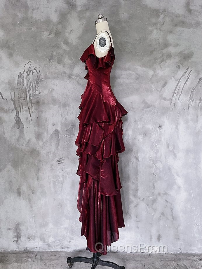 Red Shimmer Asymmetrical Layered Flounce Spaghetti Strap Dress Evening Gown Secondary image