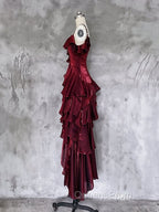 Red Shimmer Asymmetrical Layered Flounce Spaghetti Strap Dress Evening Gown