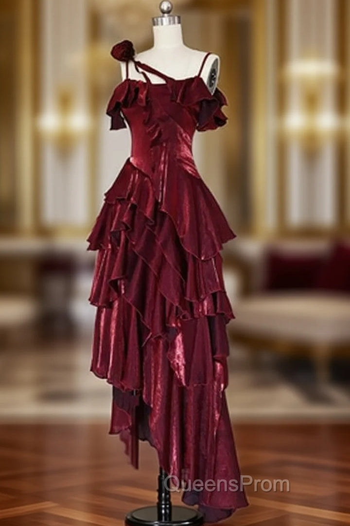 Red Shimmer Asymmetrical Layered Flounce Spaghetti Strap Dress Evening Gown Main image