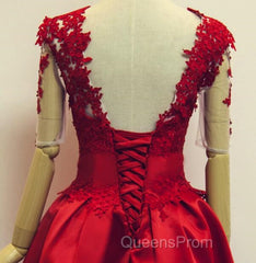 Red Short Sleeves Satin And Applique Homecoming Dress, Red Short Evening Prom Dress, Formal Dress