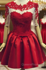 Red Short Sleeves Satin And Applique Homecoming Dress, Red Short Evening Prom Dress, Formal Dress