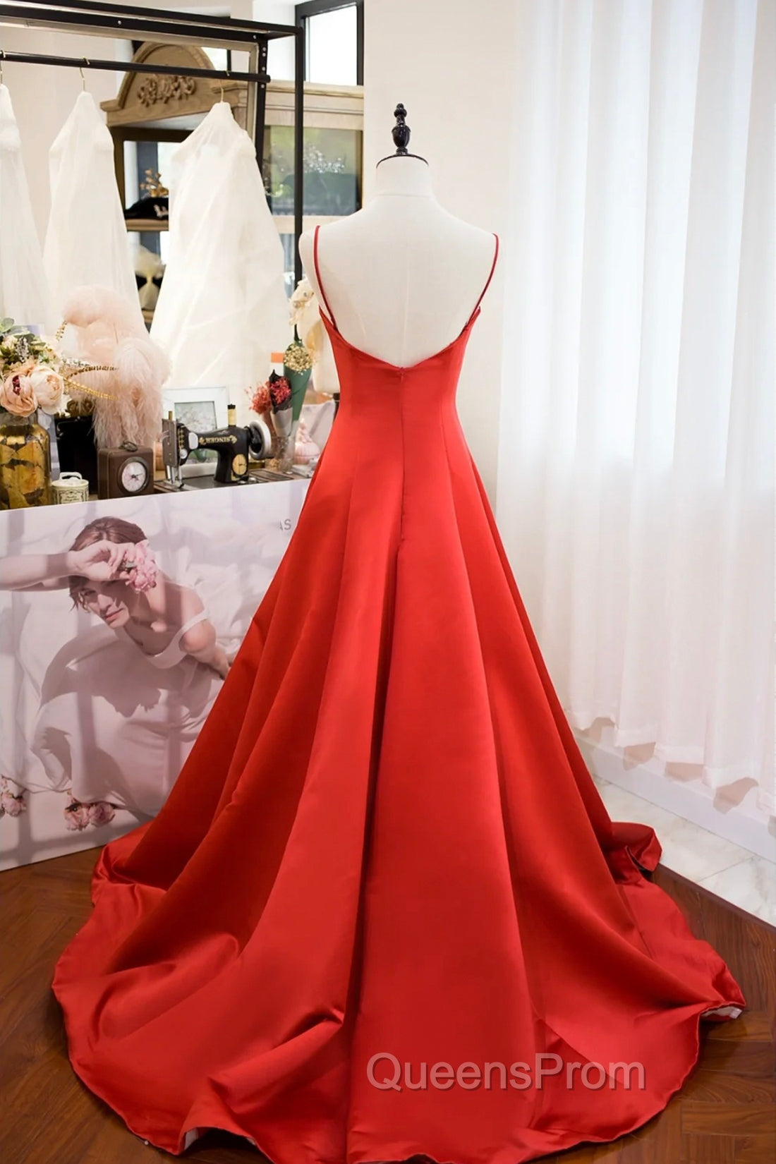 Red Spaghetti Strap Satin Long Evening Prom Dress, Simple A-Line Evening Party Dress Secondary image
