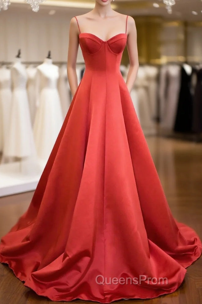 Red Spaghetti Strap Satin Long Evening Prom Dress, Simple A-Line Evening Party Dress Main image
